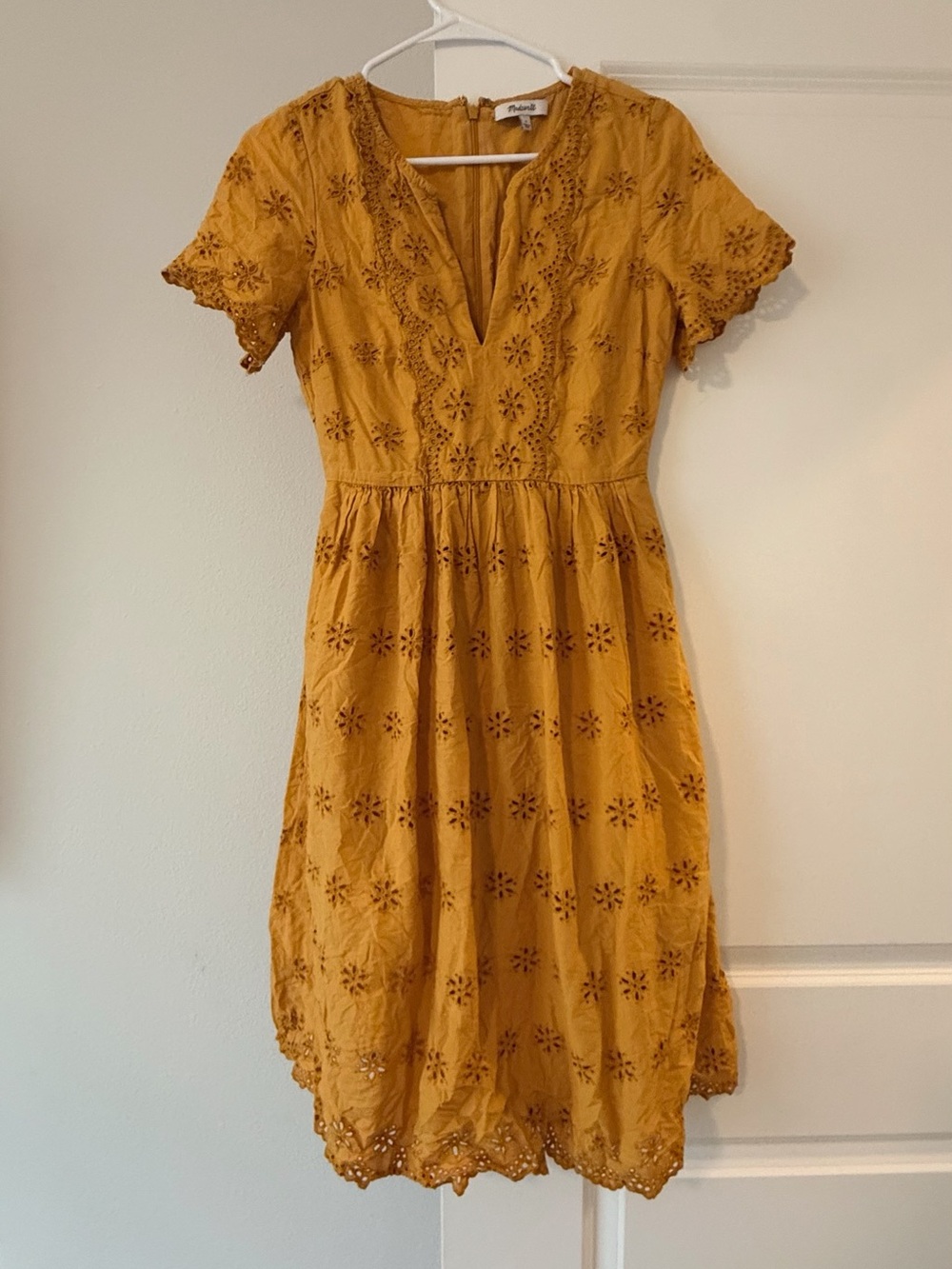 Madewell Mustard Yellow Eyelet Lace Dress V-Neck Short Sleeve Sun Dress Cotton❤️ - Picture 8 of 12